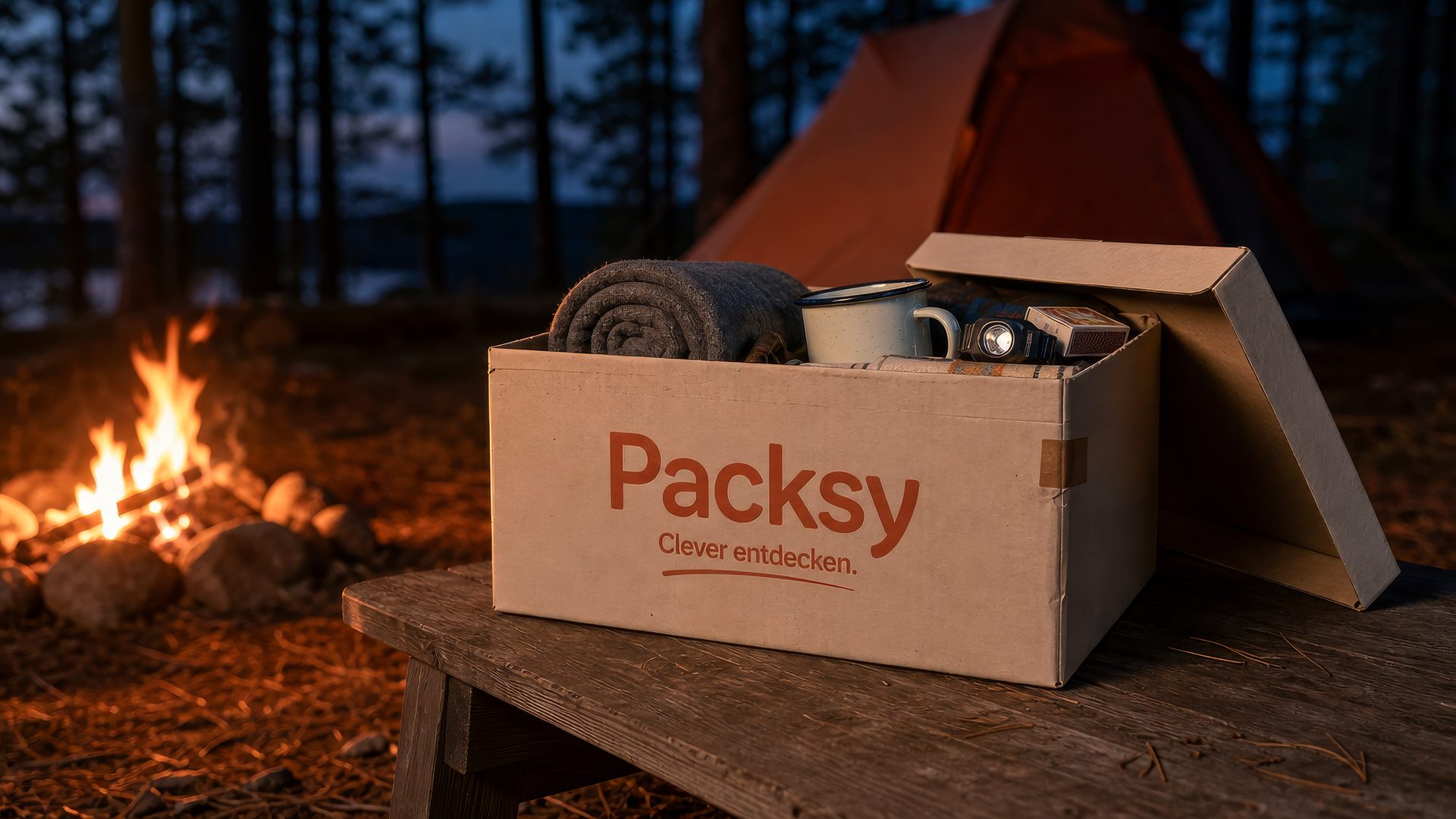 Offene Packsy-Box mit Wolldecke, Emaillebecher und Stirnlampe auf einem Holztisch am Lagerfeuer, dahinter ein Zelt in der Abenddämmerung