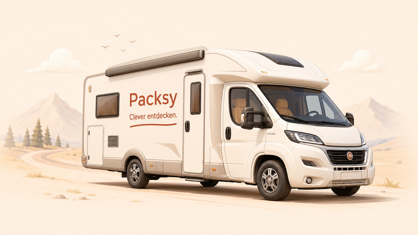 Wohnmobil mit Packsy-Schriftzug vor einer Berglandschaft